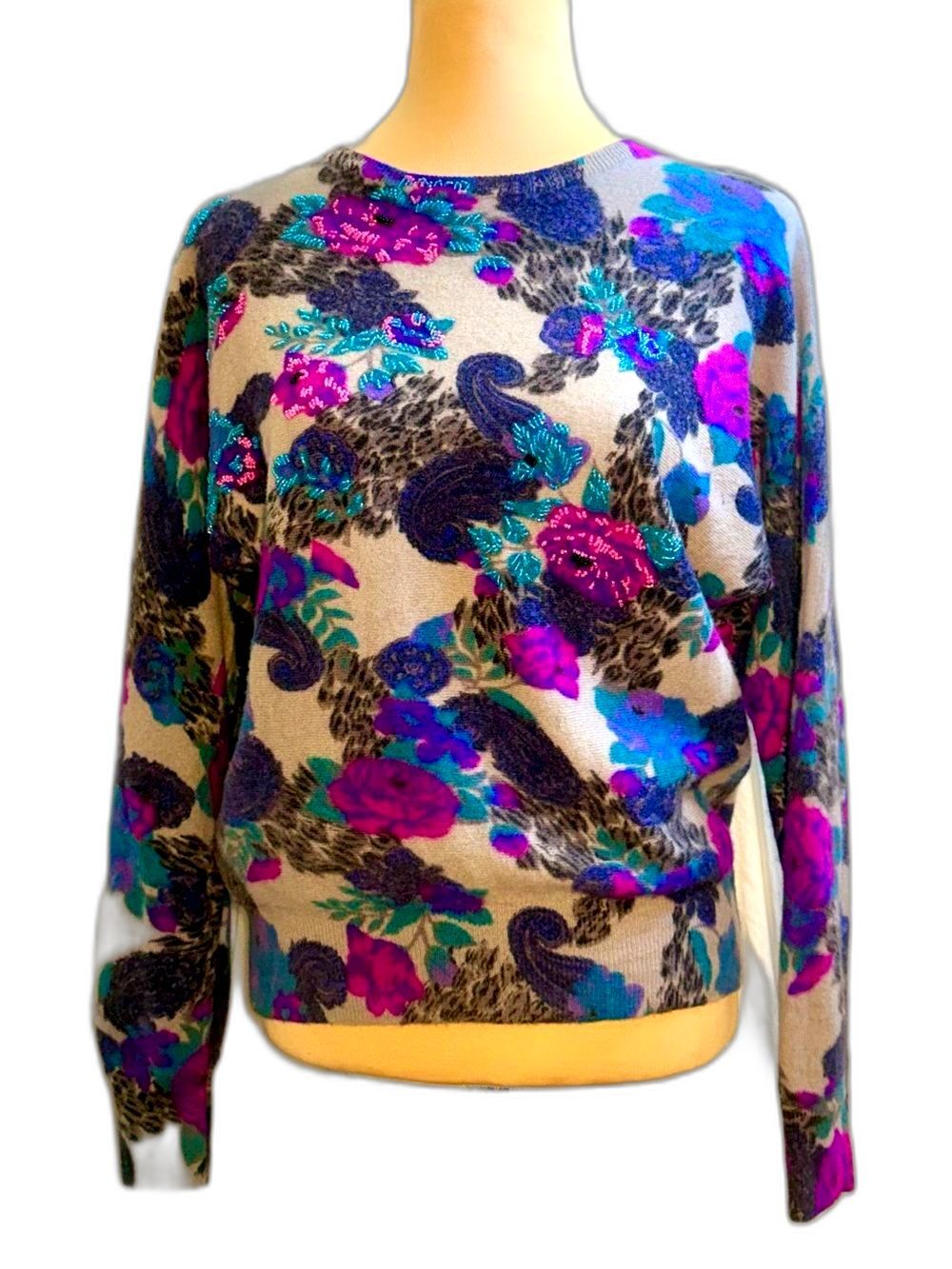 Vintage 80s Eminent Beaded Floral Lambswool Blend Sweater - Size M Dolman